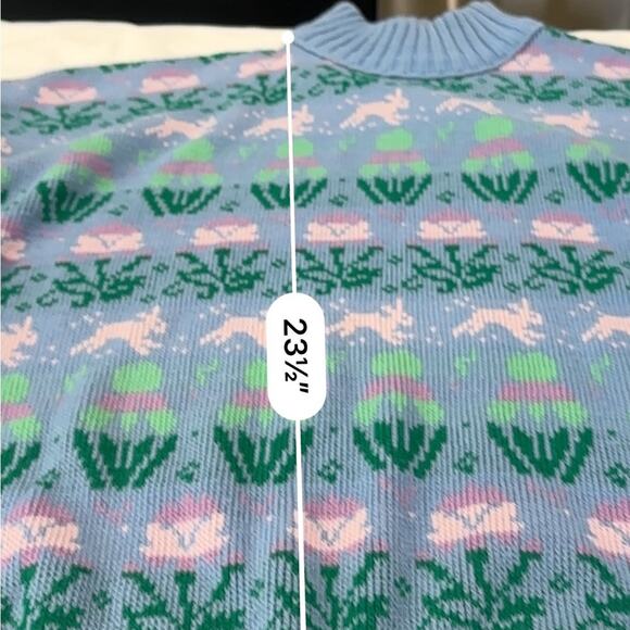 VINTAGE 80’s Pierre Cardin Blue and Green Bunny print Mock Neck Sweater Size XL - Picture 8 of 9